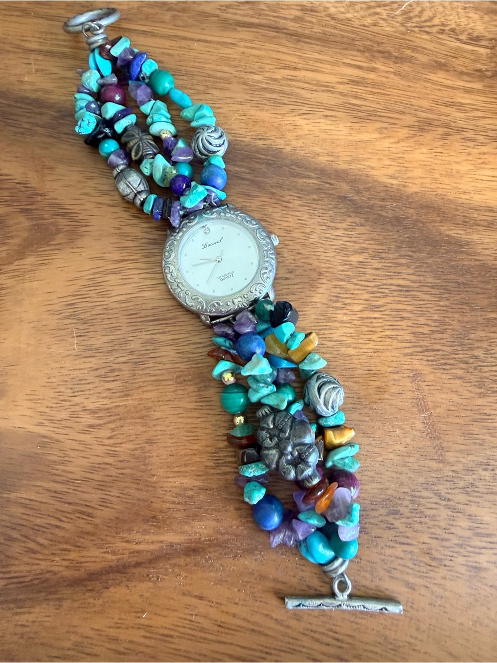 Vintage Beaded Multi-Color Stone Bracelet Watch - Turquoise & Purple